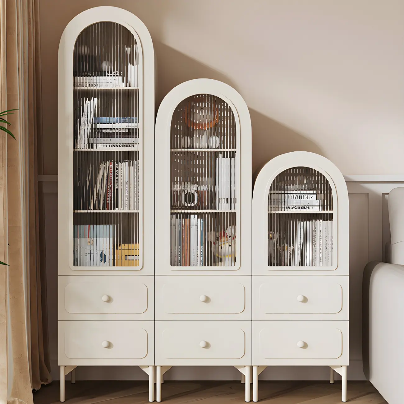 Scandinavian Arched White Wood Bookcase with Doors Image - 13 | homeyfad