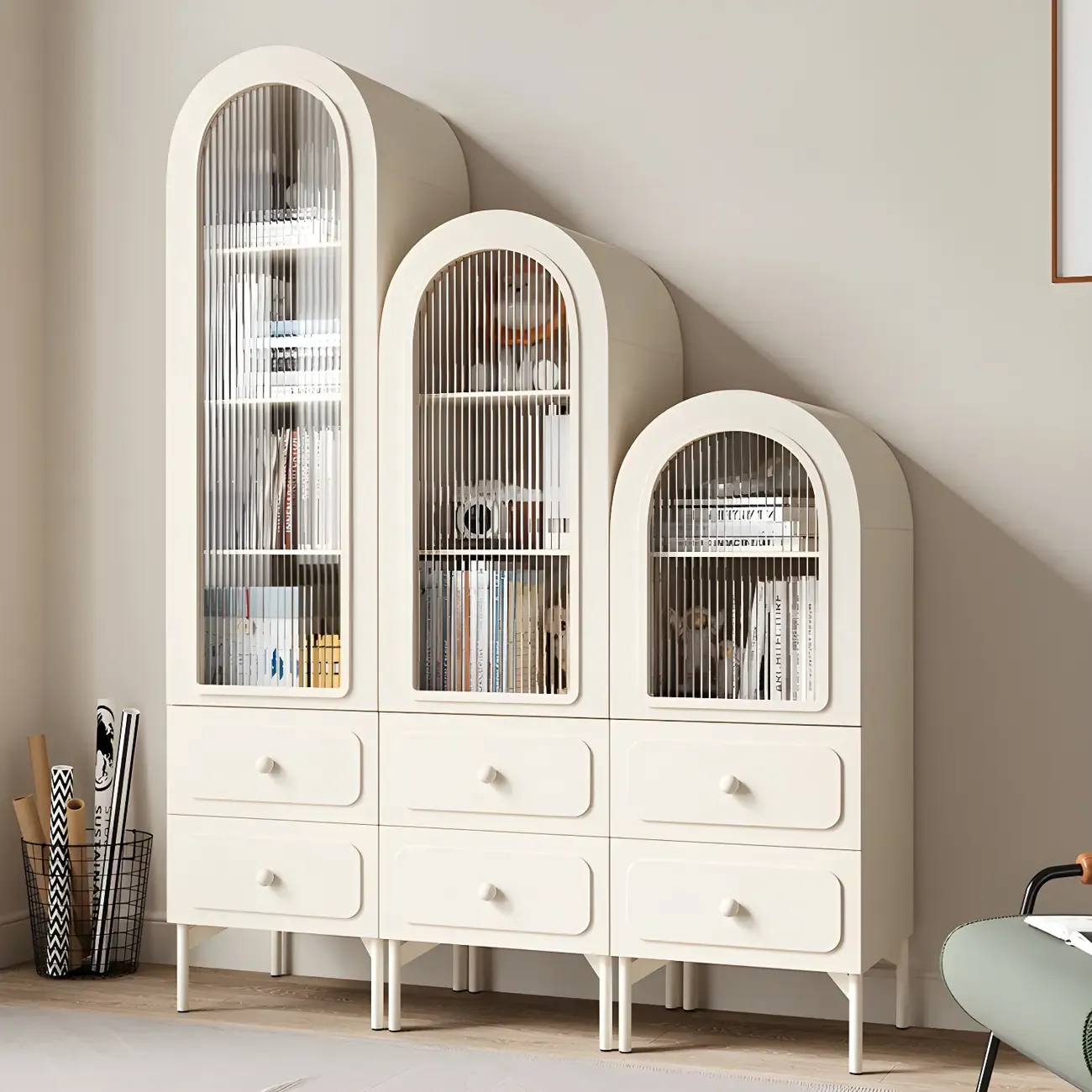 Scandinavian Arched White Wood Bookcase with Doors Image - 14