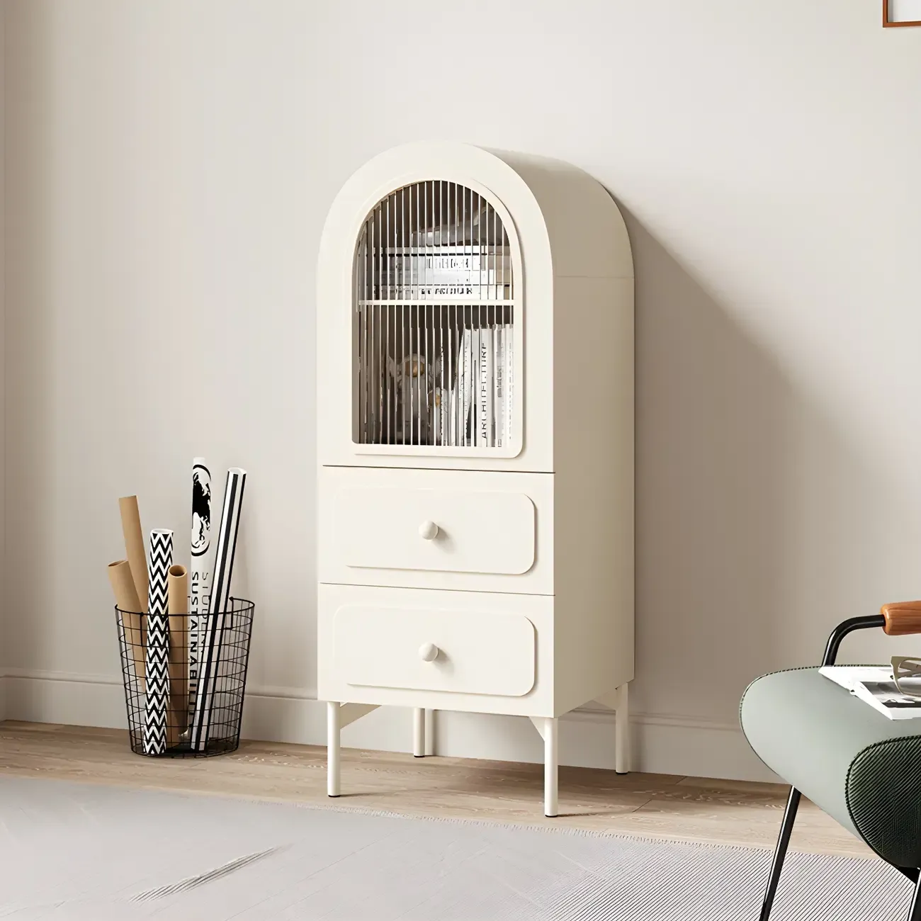 Scandinavian Arched White Wood Bookcase with Doors Image - 15