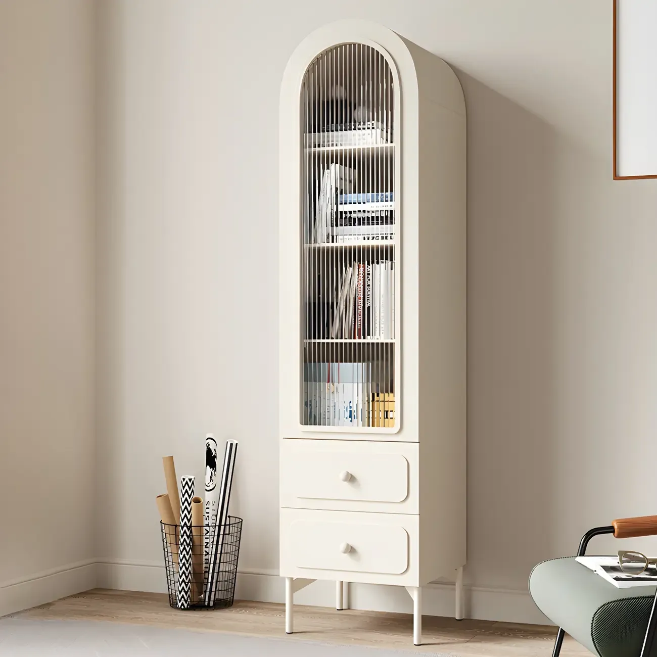 Scandinavian Arched White Wood Bookcase with Doors Image - 2