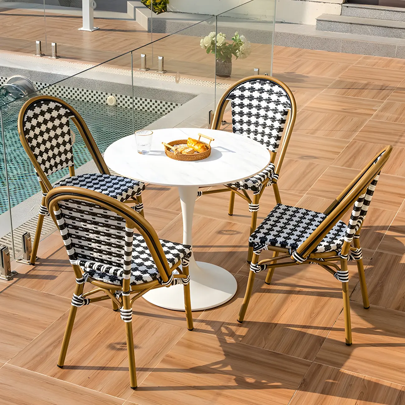 Tropical Wicker Metal Armless Houndstooth Outdoor Dining Chairs Image - 4 | homeyfad