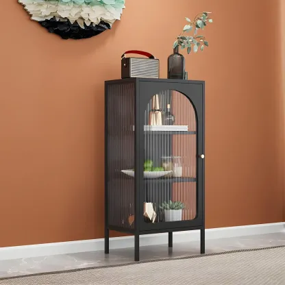 Industrial Black Metal Display Cabinet with Glass Doors for Kitchen Image - 4