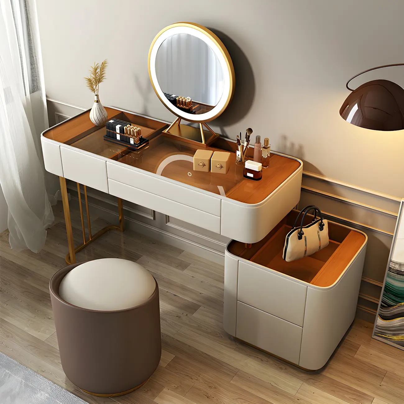 Off-White Wood Glass Top Makeup Vanity with Stool Image - 1 | homeyfad