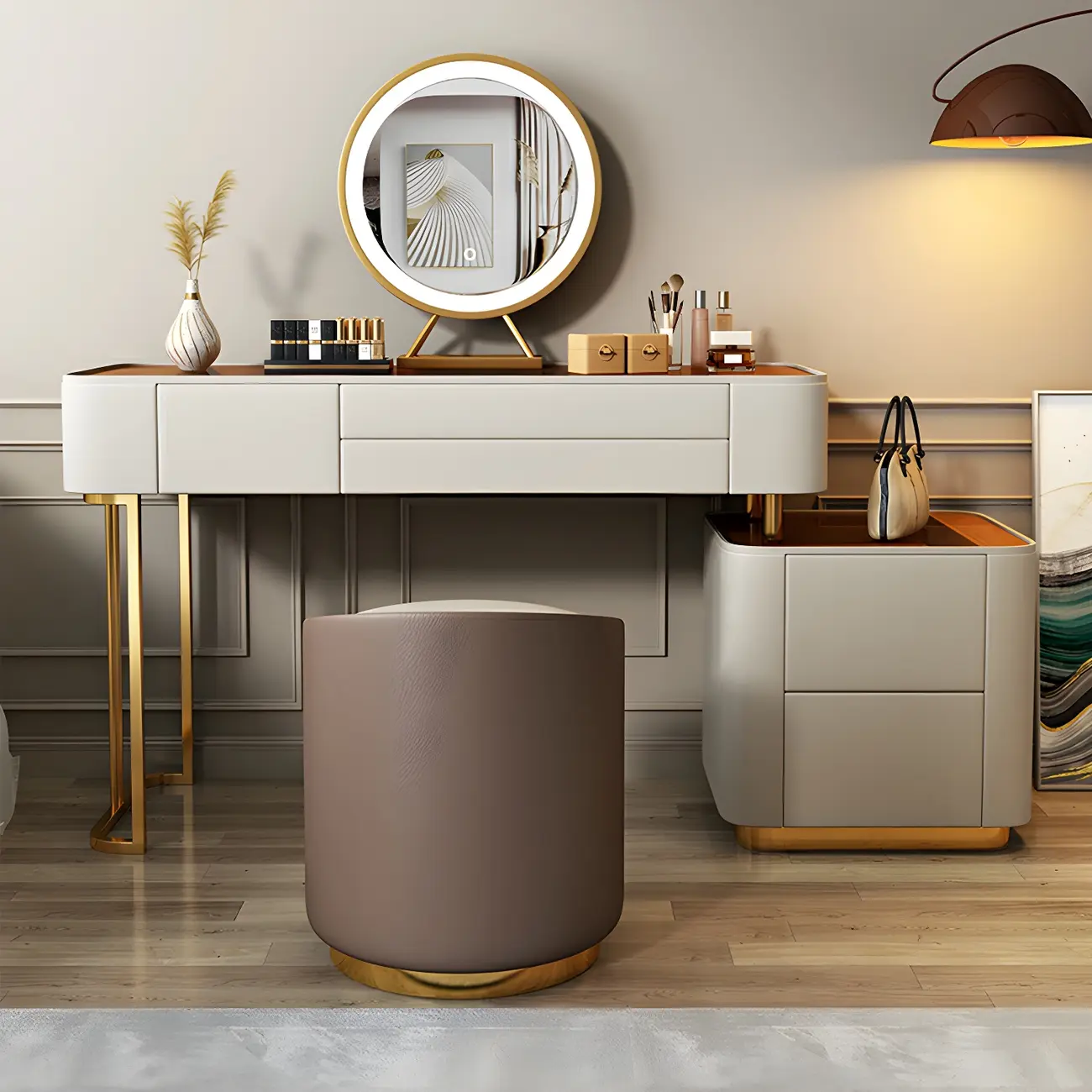 Off-White Wood Glass Top Makeup Vanity with Stool Image - 2 | homeyfad