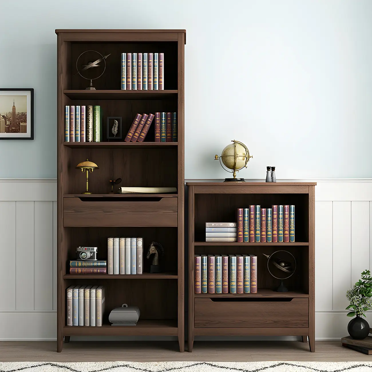 Modern Wooden Bookcase with Adjustable Shelves and Drawers | homeyfad