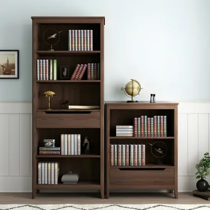 Modern Wooden Bookcase with Adjustable Shelves and Drawers