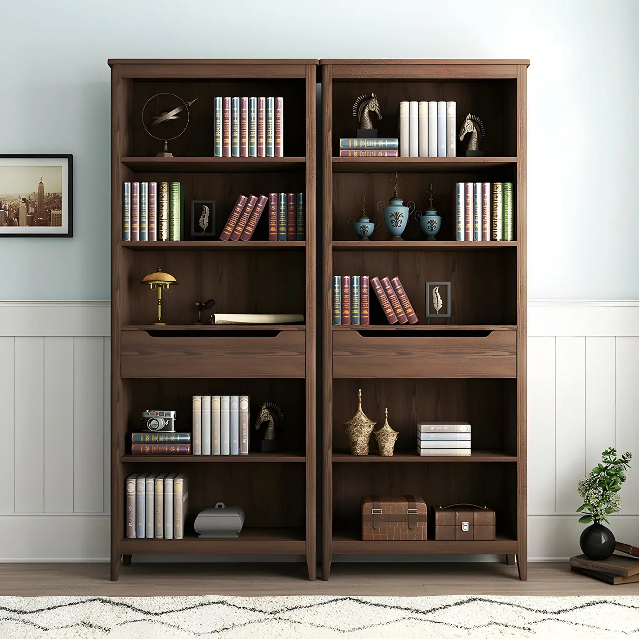 Modern Wooden Bookcase with Adjustable Shelves and Drawers | homeyfad