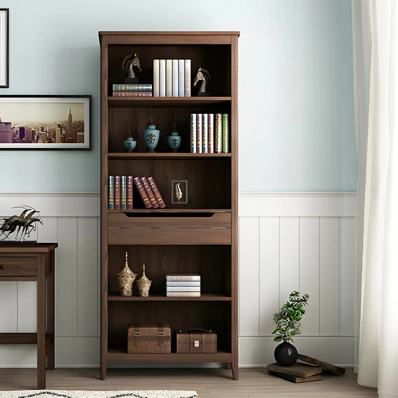 Modern Wooden Bookcase with Adjustable Shelves and Drawers | homeyfad