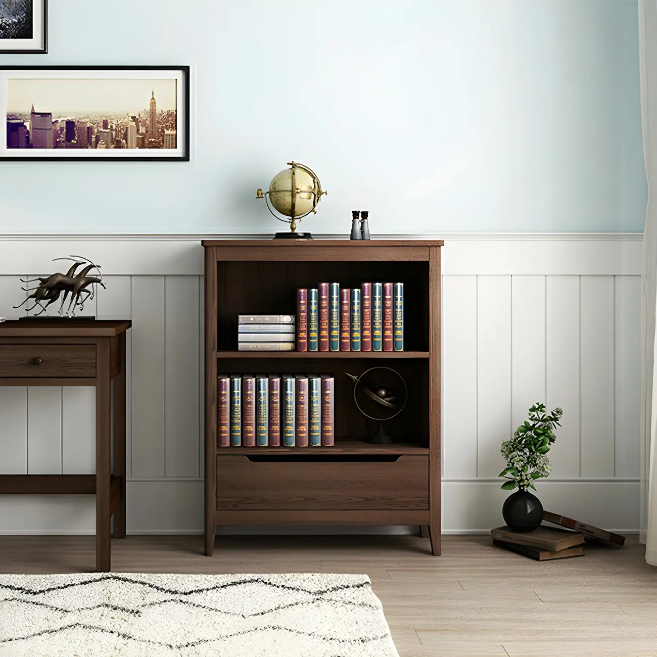 Modern Wooden Bookcase with Adjustable Shelves and Drawers | homeyfad