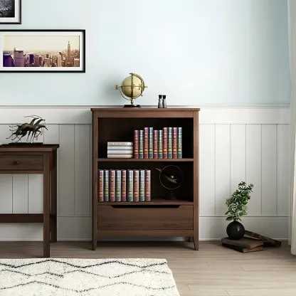 Modern Wooden Bookcase with Adjustable Shelves and Drawers