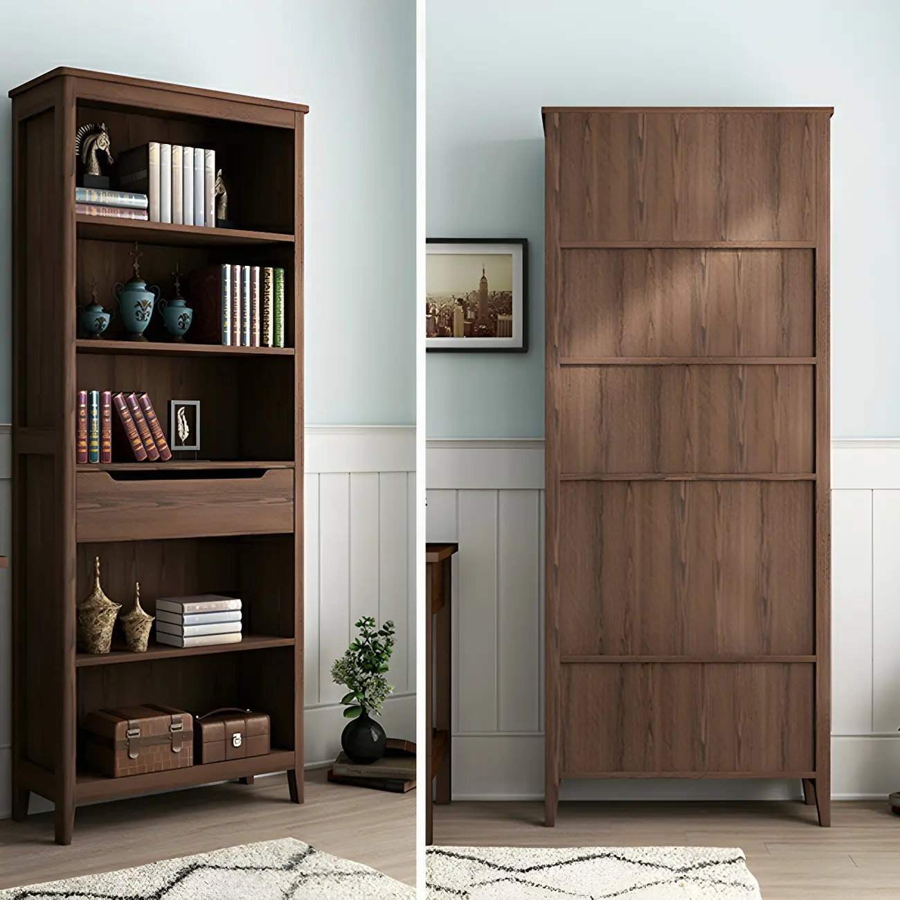 Modern Wooden Bookcase with Adjustable Shelves and Drawers | homeyfad