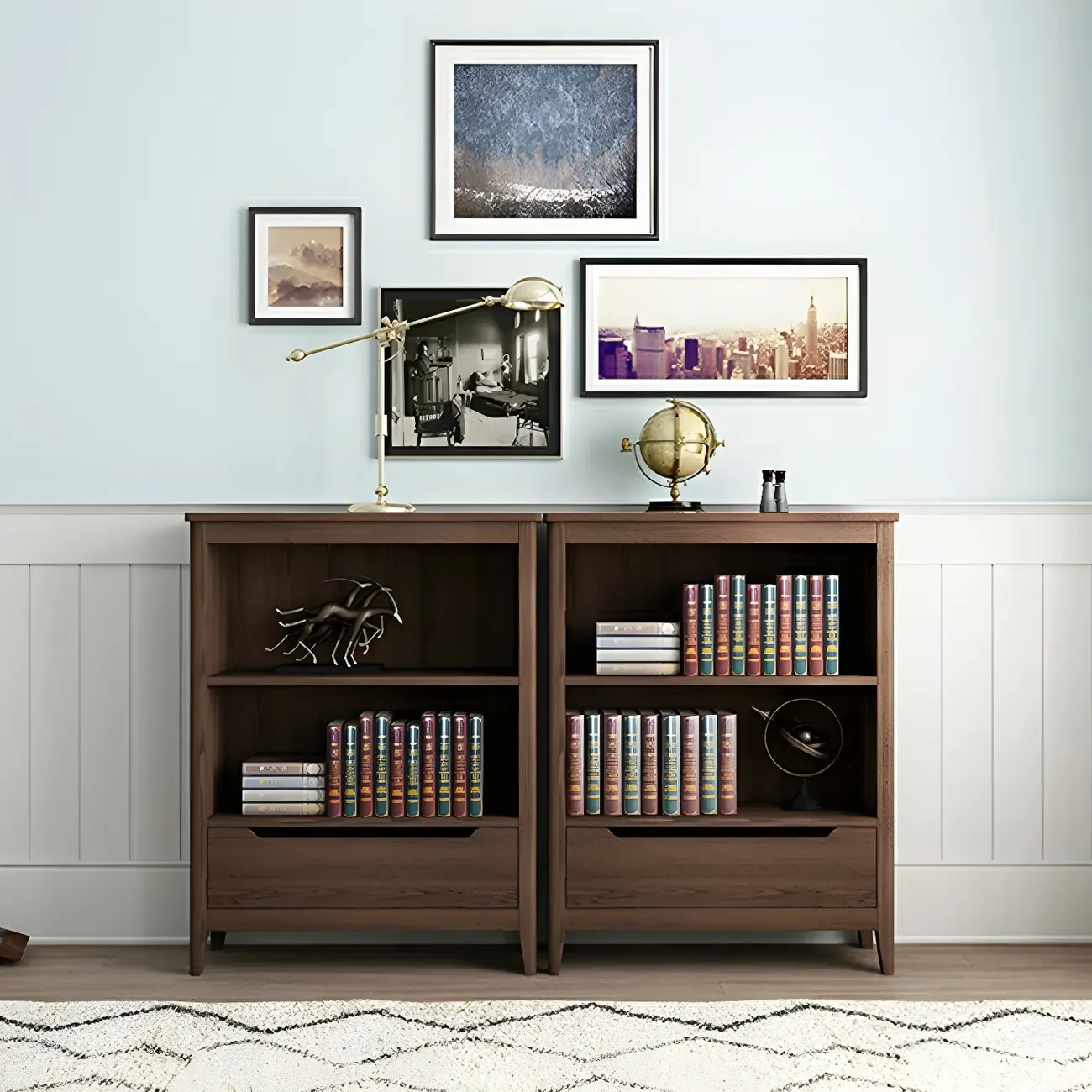 Modern Wooden Bookcase with Adjustable Shelves and Drawers