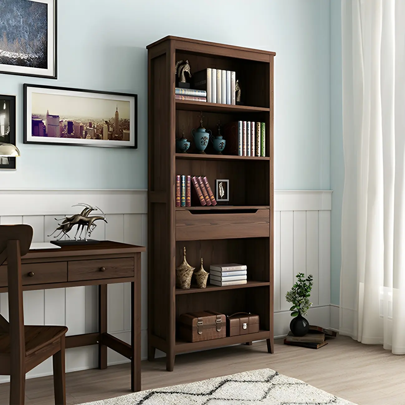 Modern Wooden Bookcase with Adjustable Shelves and Drawers | homeyfad