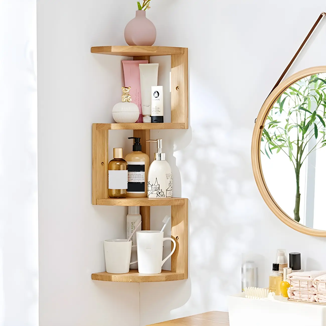 Floating Oak Corner Bookshelves Narrow 4 Shelf Image - 3 | homeyfad