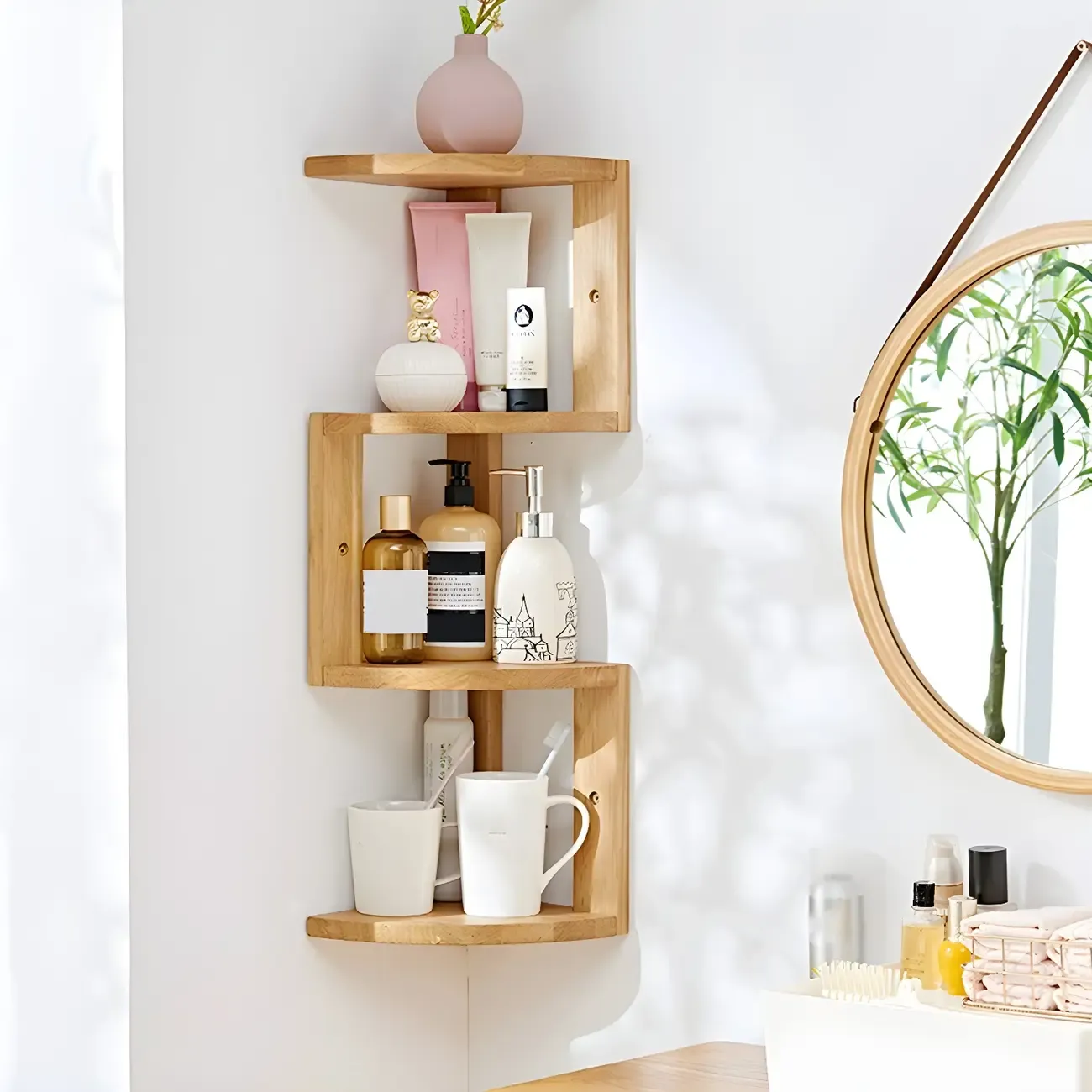 Floating Oak Corner Bookshelves Narrow 4 Shelf Image - 3