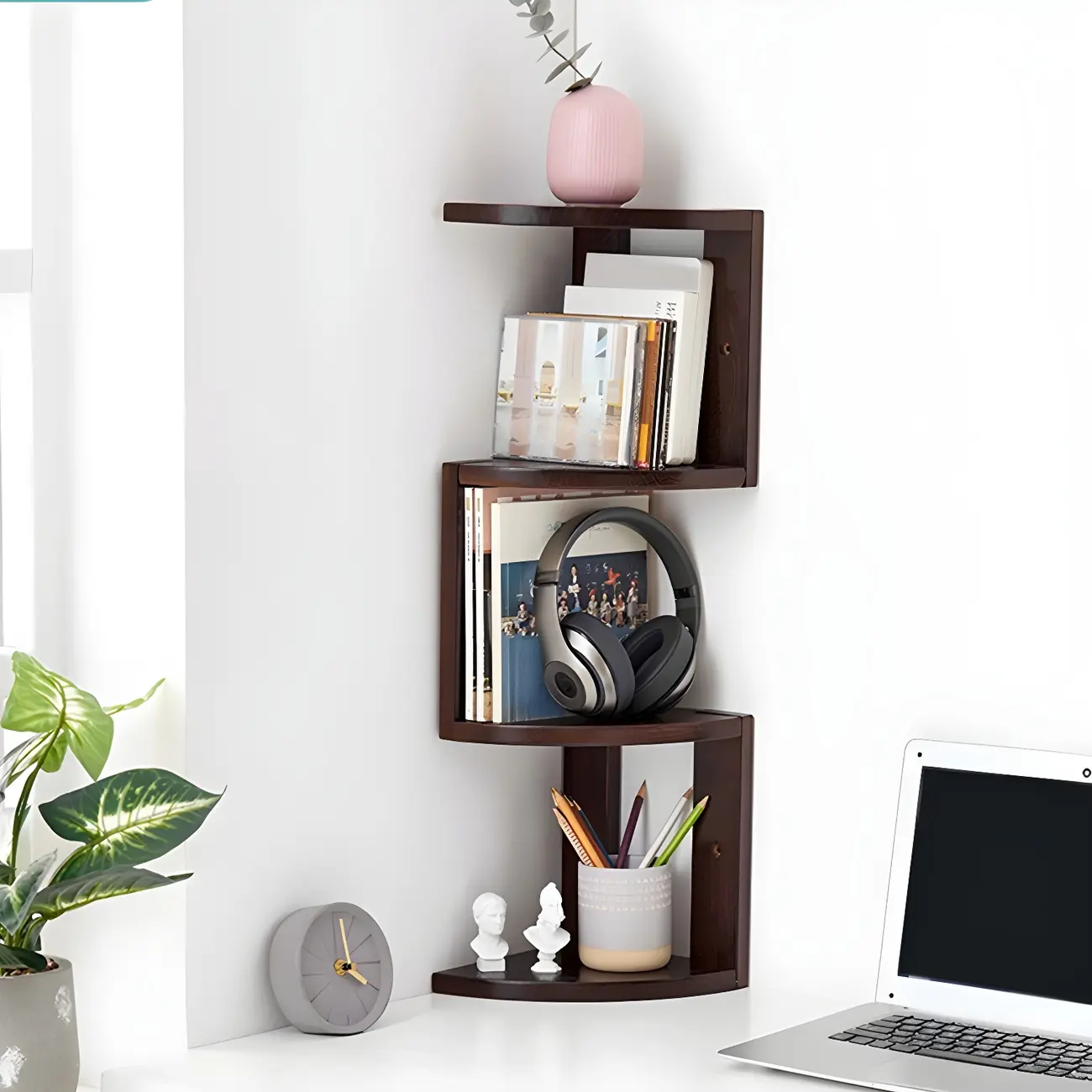 Floating Oak Corner Bookshelves Narrow 4 Shelf Image - 2 | homeyfad