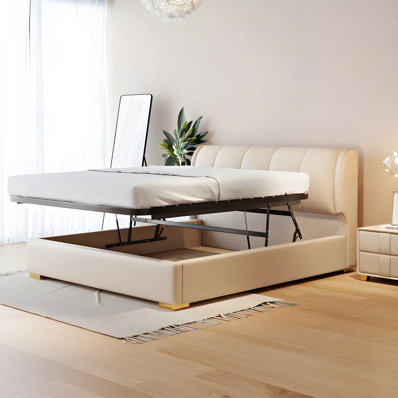 Modern Beige Genuine Leather Lift-Up Storage Platform Bed Image - 1 | homeyfad