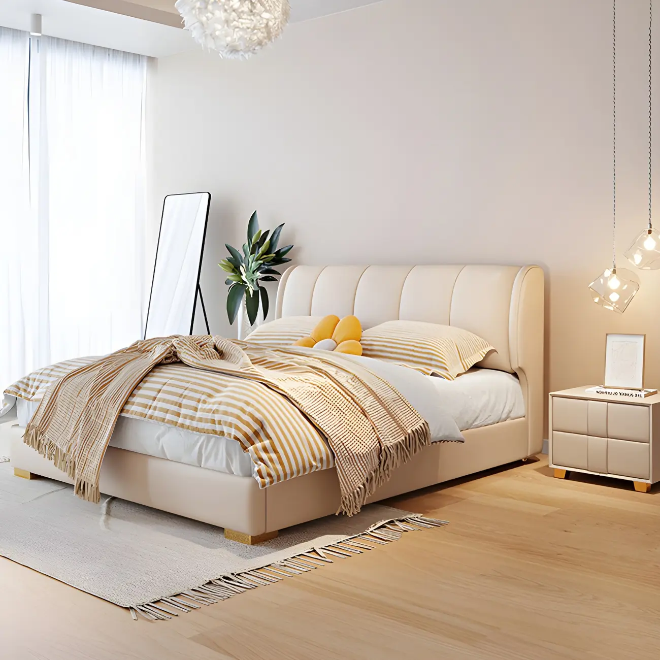 Modern Beige Genuine Leather Lift-Up Storage Platform Bed Image - 2 | homeyfad