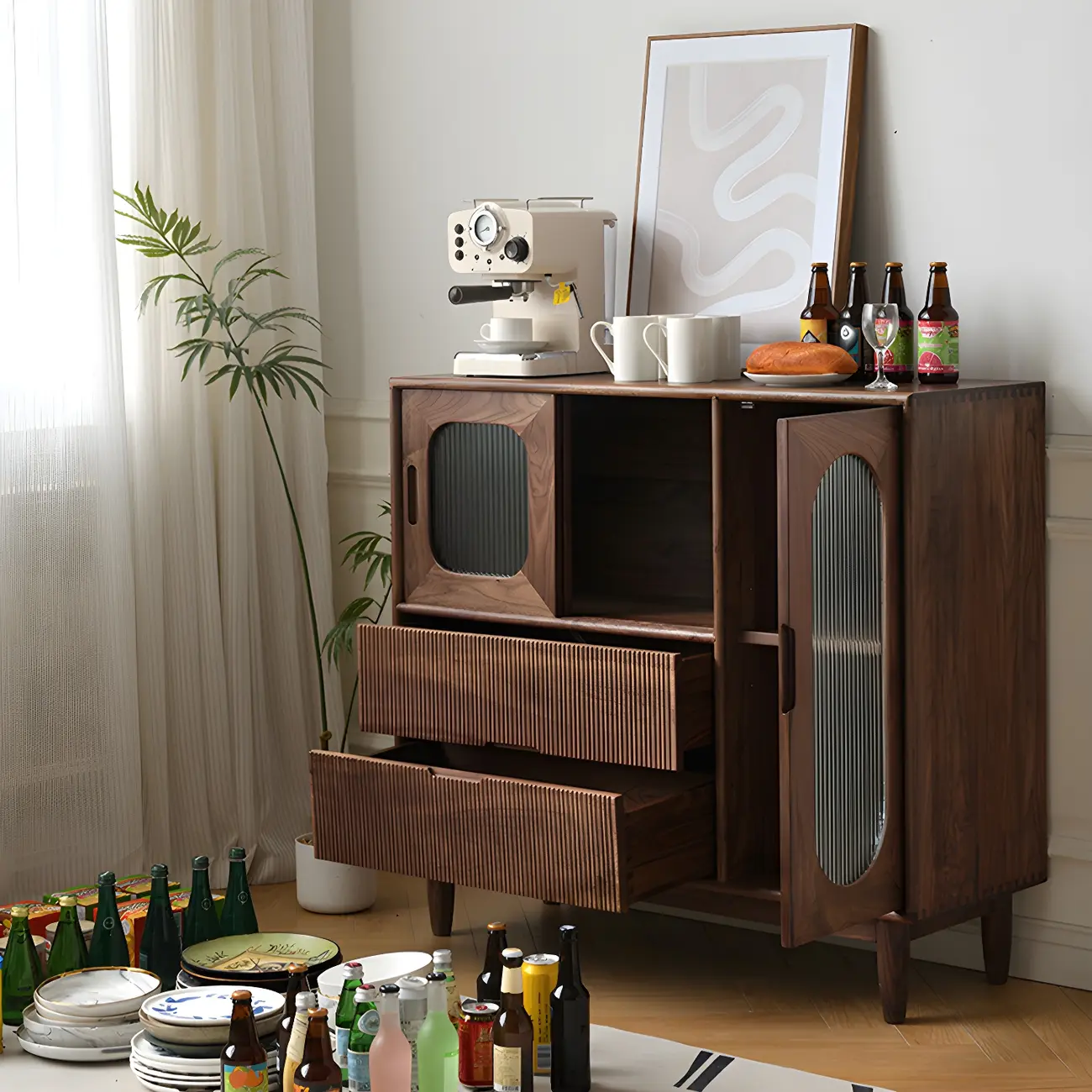 Traditional Wooden Display Cabinet with Glass Doors and Drawers Image - 2 | homeyfad