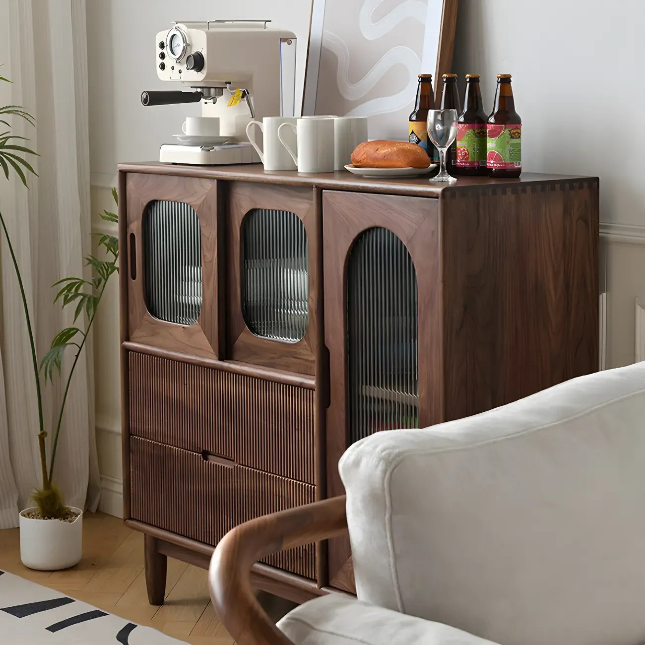 Traditional Wooden Display Cabinet with Glass Doors and Drawers Image - 4