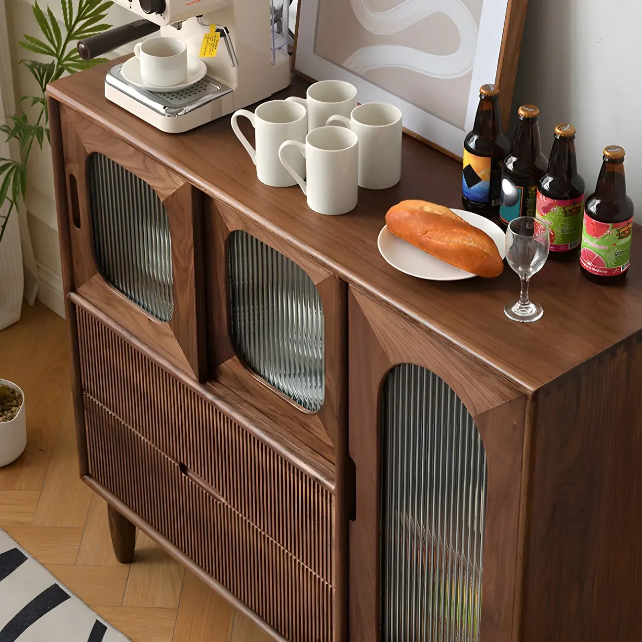 Traditional Wooden Display Cabinet with Glass Doors and Drawers Image - 5