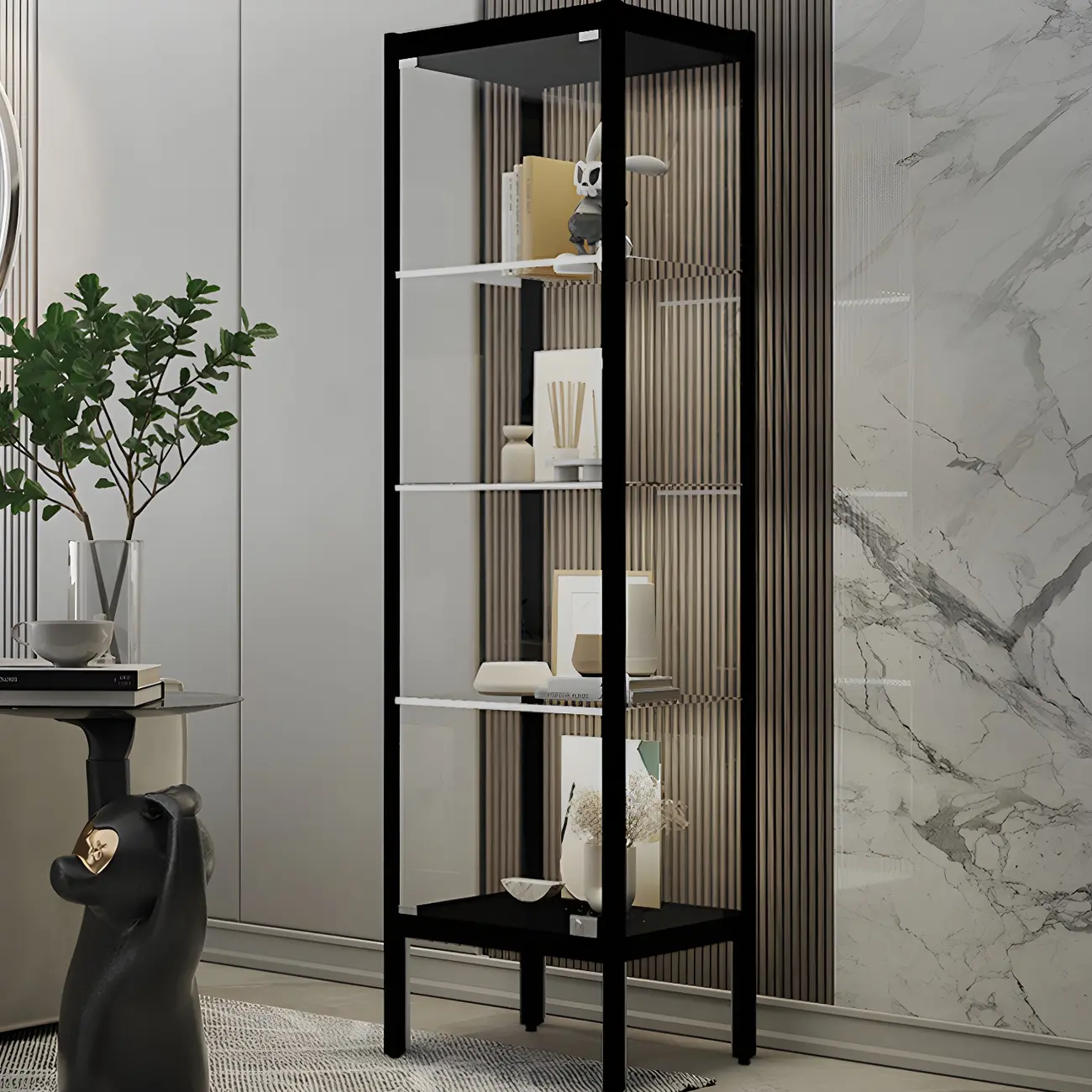 Adjustable Shelves Black Metal Glass Doors Display Cabinet Image - 1 | homeyfad