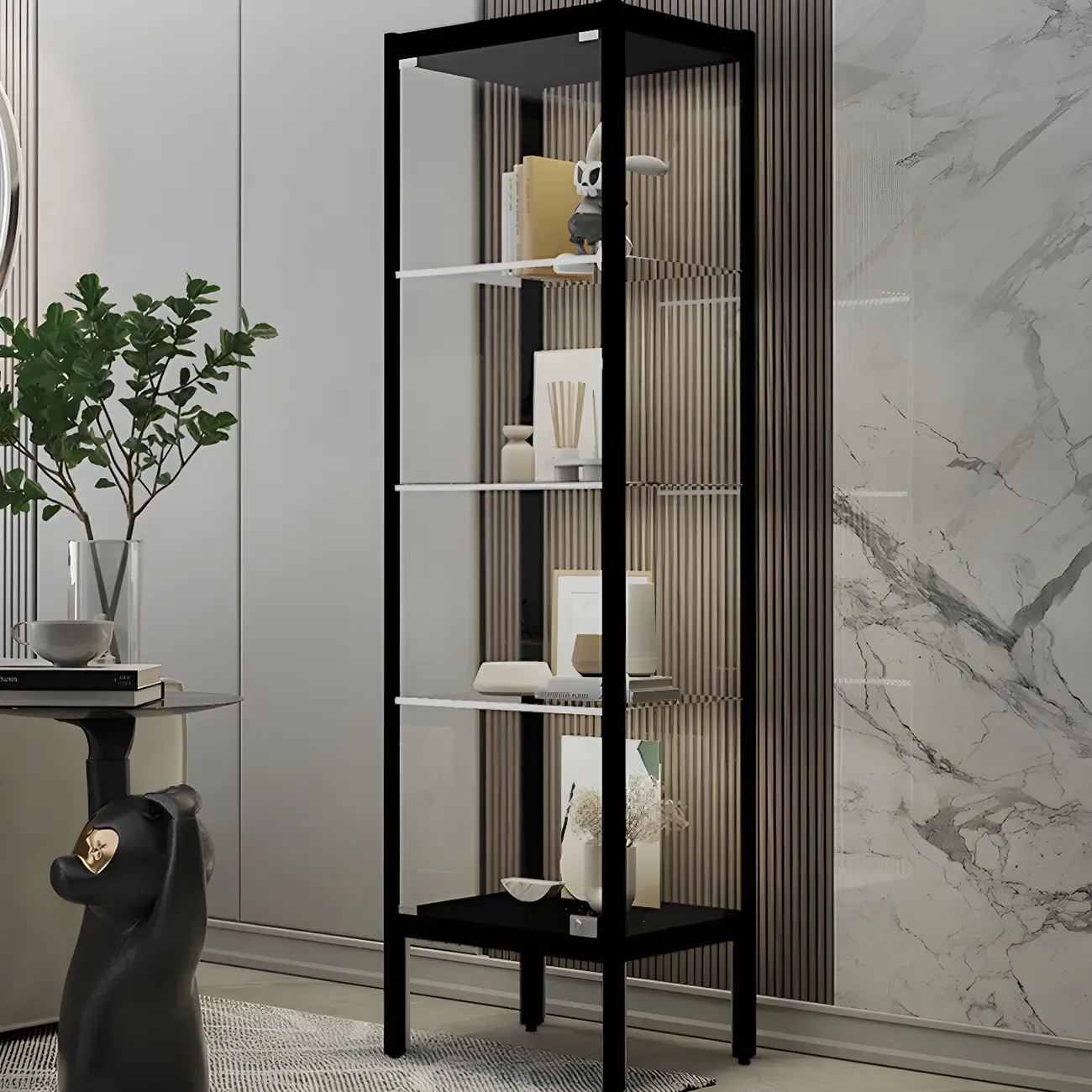 Adjustable Shelves Black Metal Glass Doors Display Cabinet Image - 1