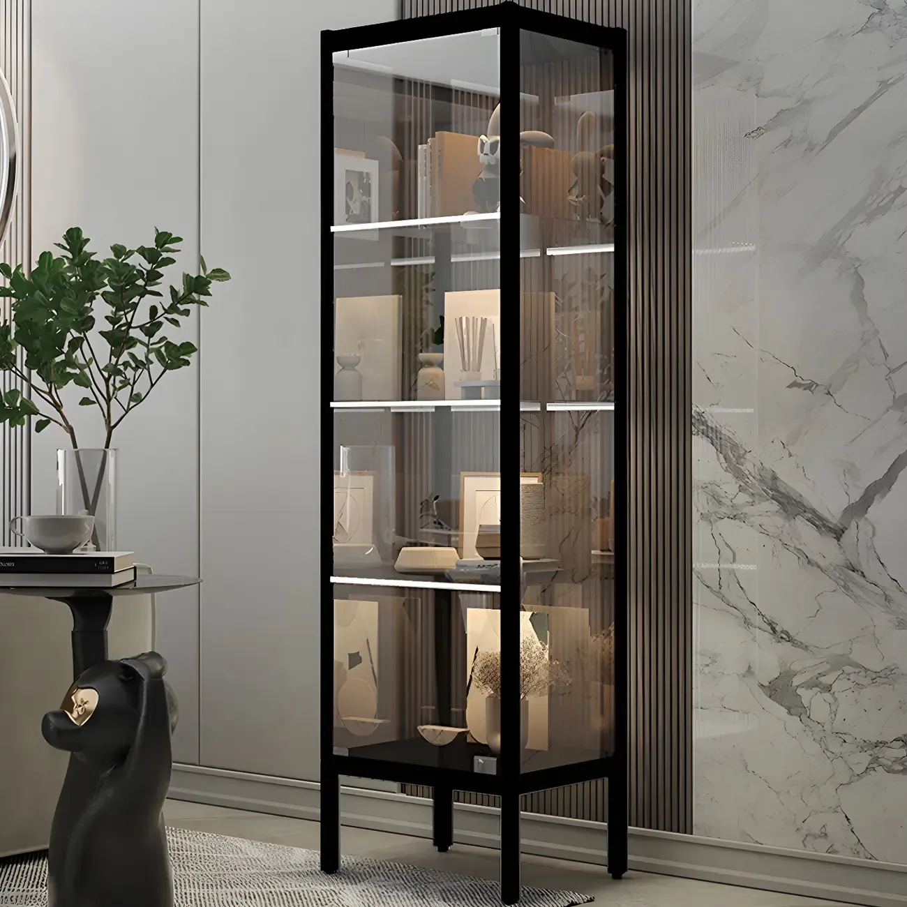 Adjustable Shelves Black Metal Glass Doors Display Cabinet Image - 6