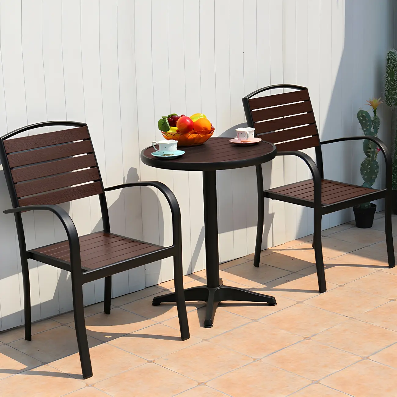 Modern Wood Slat Black Metal Outdoor Dining Chairs Image - 2 | homeyfad