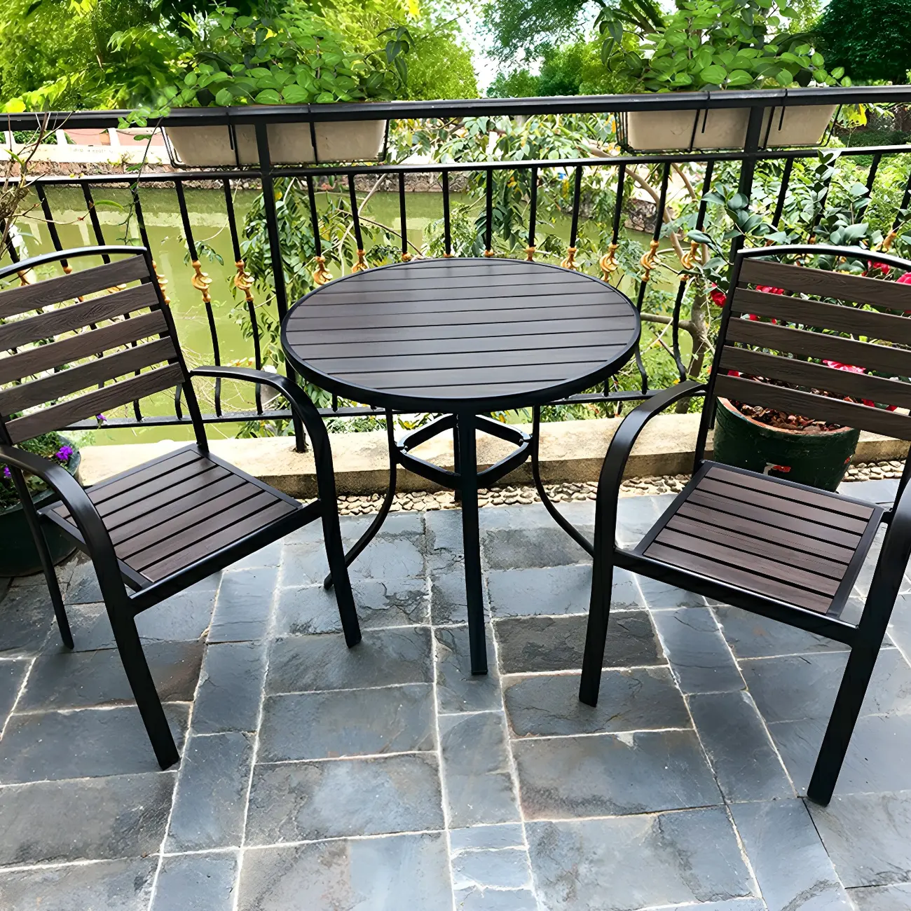 Modern Wood Slat Black Metal Outdoor Dining Chairs Image - 1 | homeyfad
