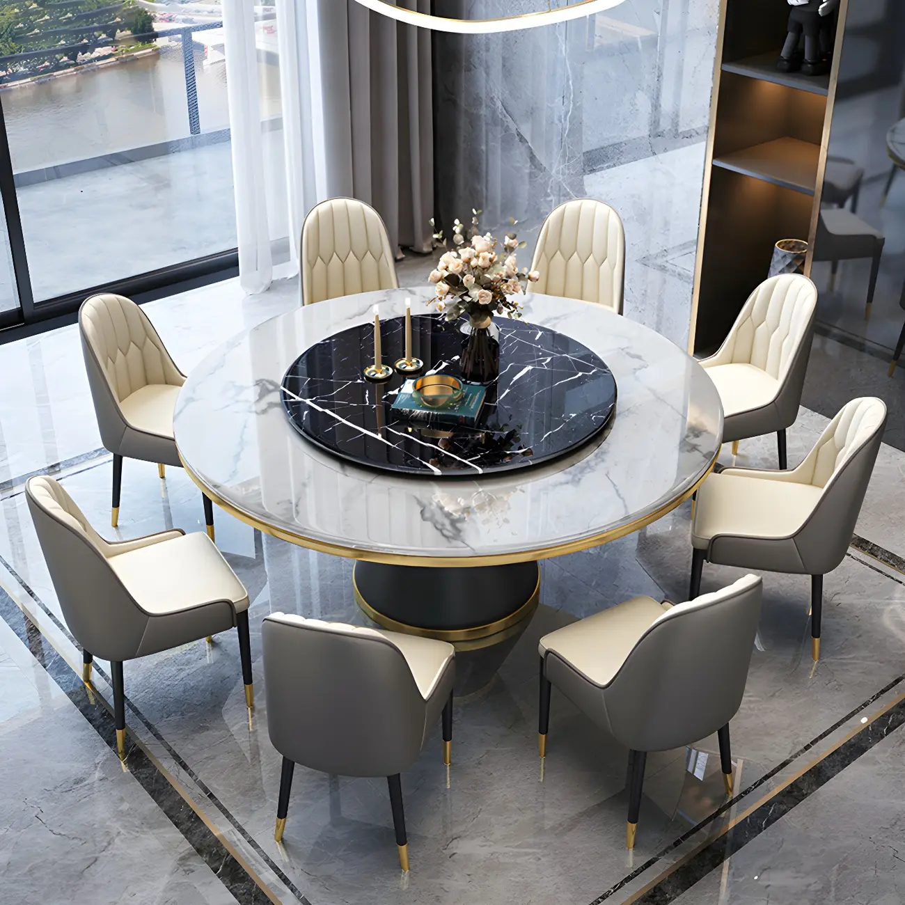 Modern Pedestal Black Marble Round Dining Table Image - 2 | homeyfad