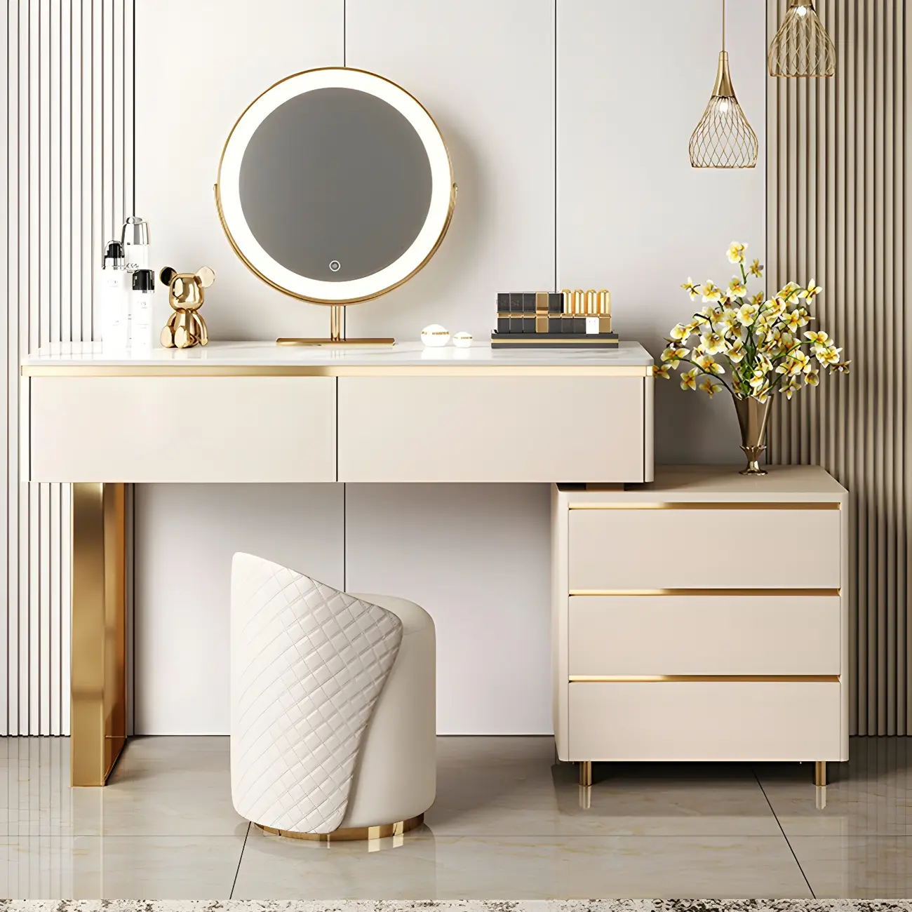 Elegant Multi-Drawer Wood Off-White Makeup Vanity Image - 1 | homeyfad
