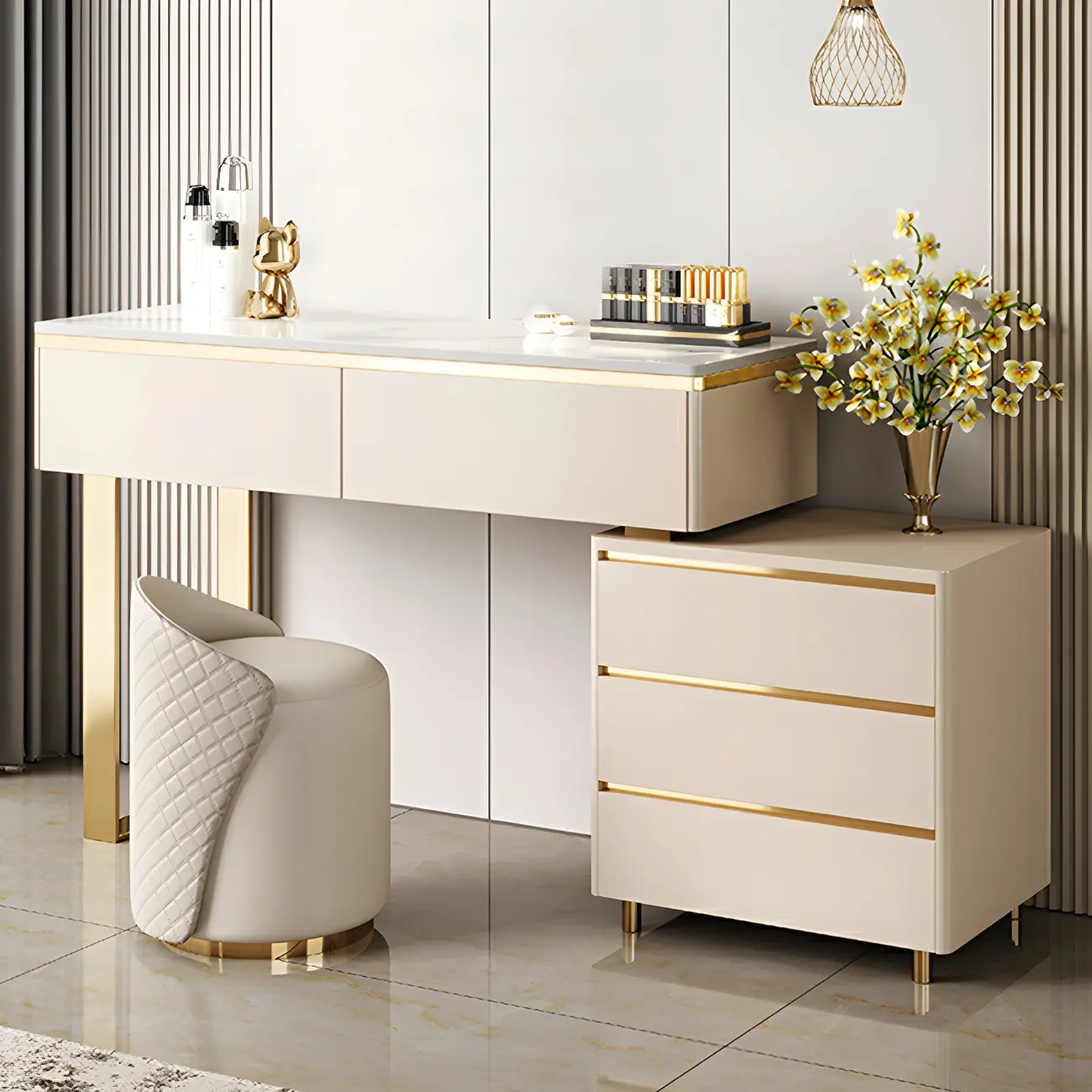 Elegant Multi-Drawer Wood Off-White Makeup Vanity Image - 2 | homeyfad
