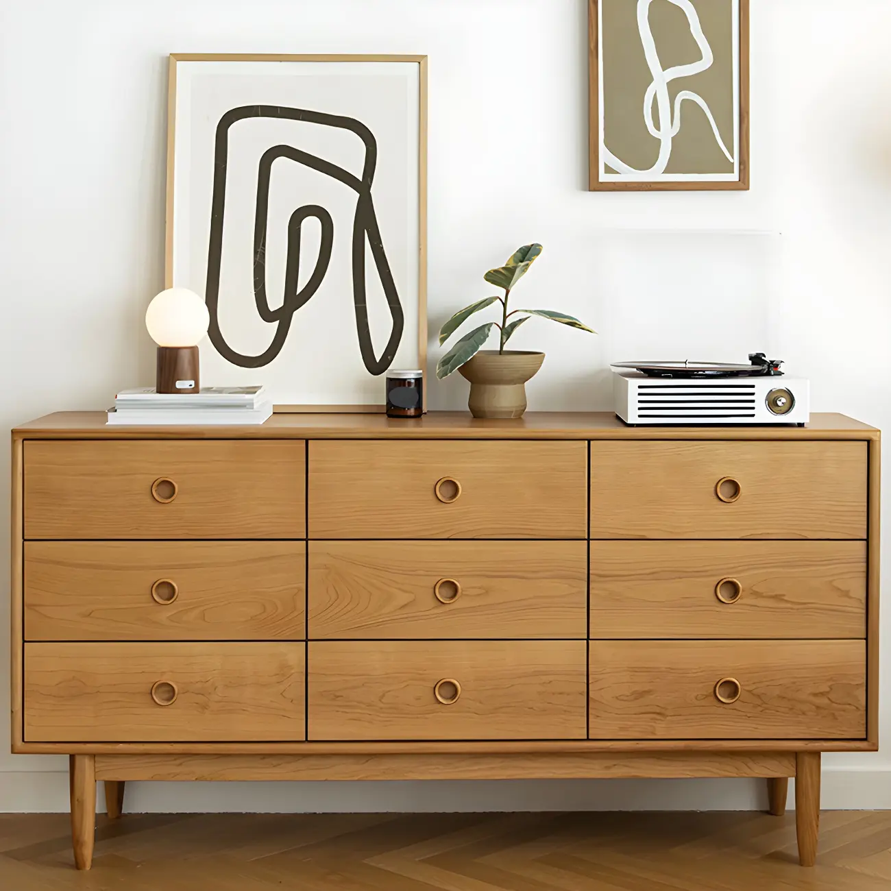 Nordic Natural Cherry Wooden Double Dresser with Drawers Image - 2 | homeyfad