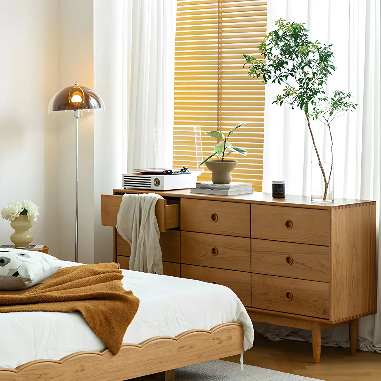 Nordic Natural Cherry Wooden Double Dresser with Drawers Image - 4 | homeyfad