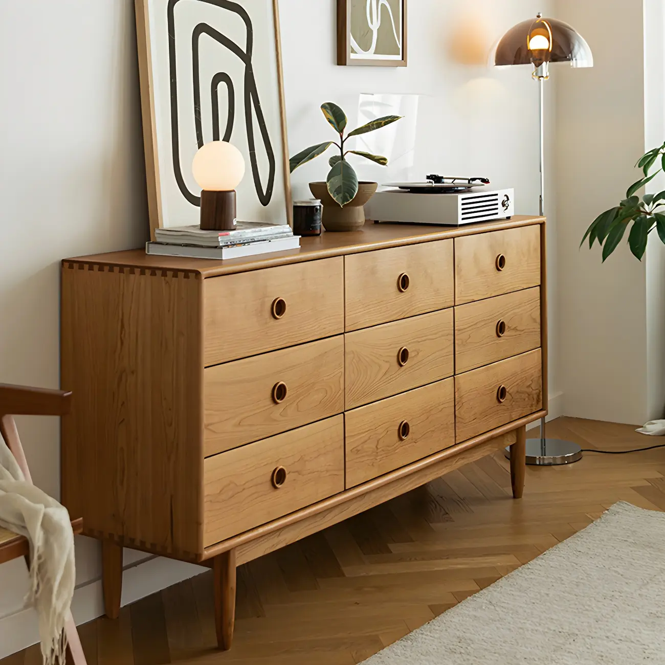 Nordic Natural Cherry Wooden Double Dresser with Drawers Image - 5 | homeyfad