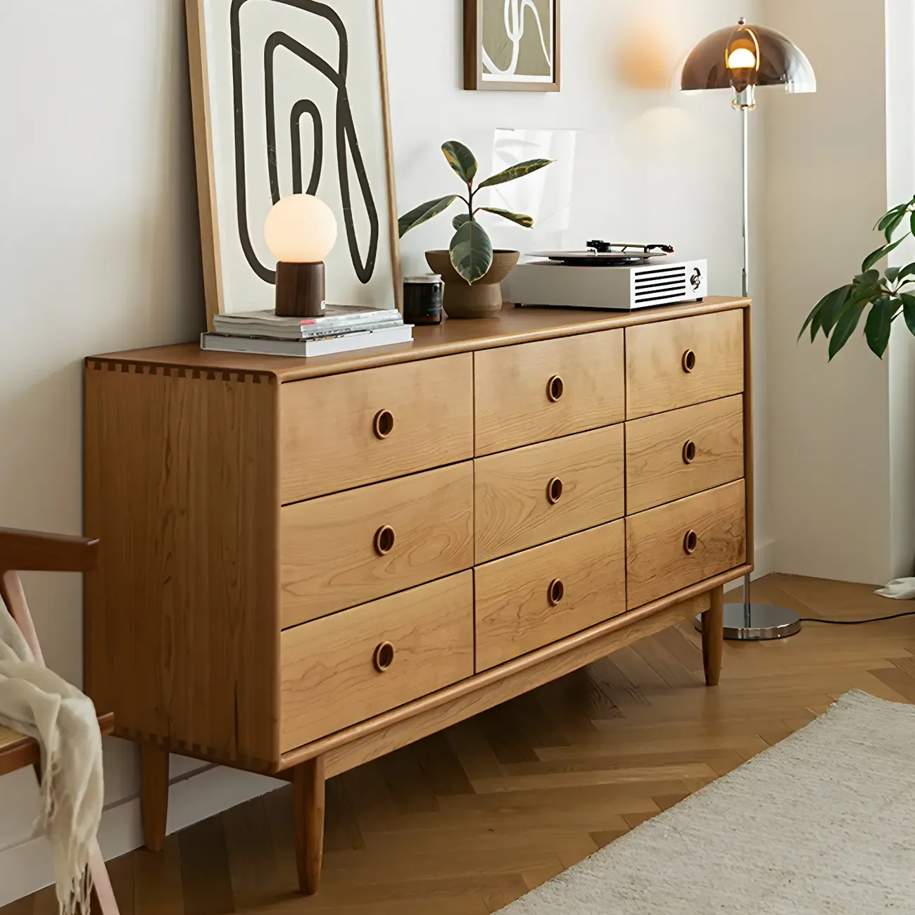 Nordic Natural Cherry Wooden Double Dresser with Drawers Image - 5