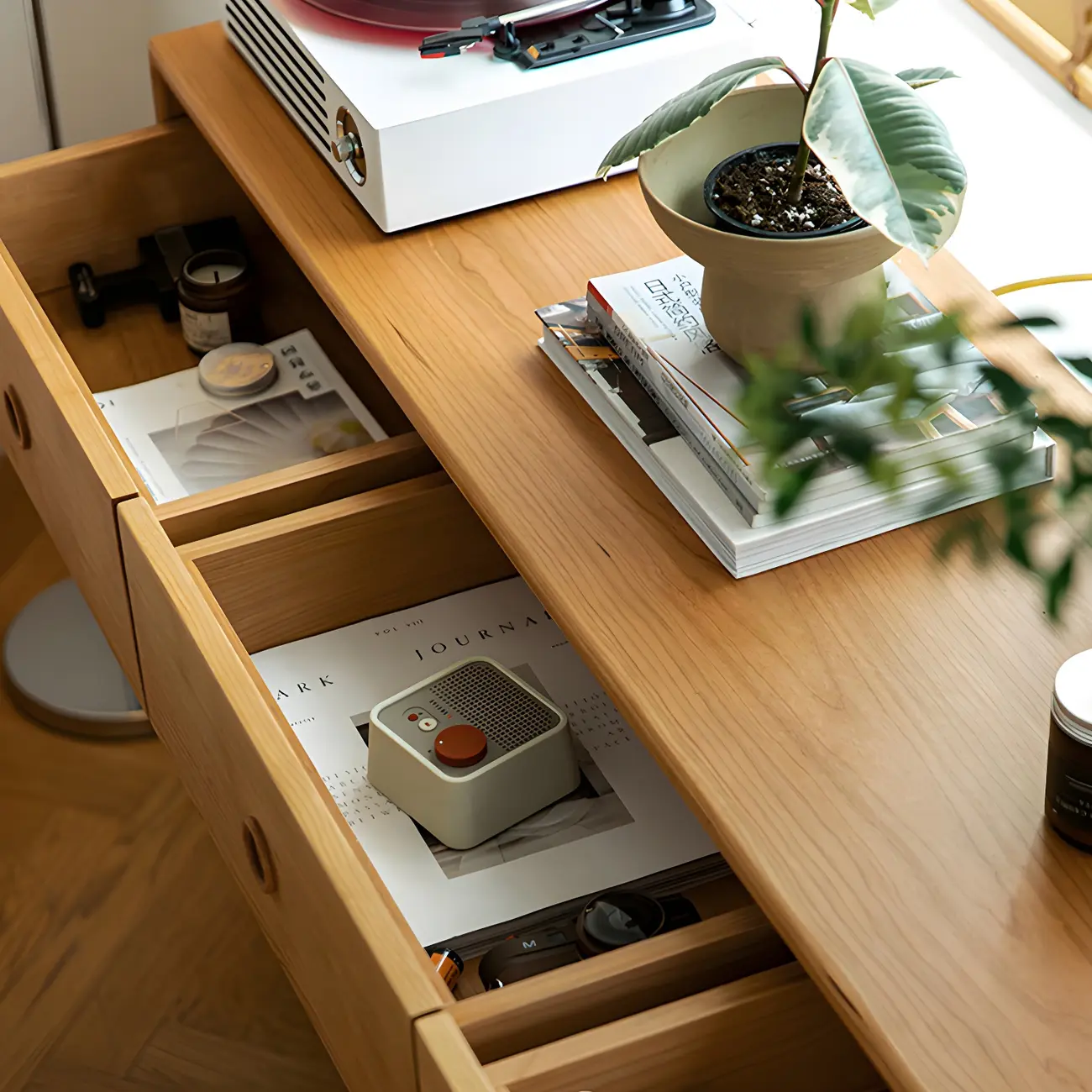 Nordic Natural Cherry Wooden Double Dresser with Drawers Image - 7 | homeyfad