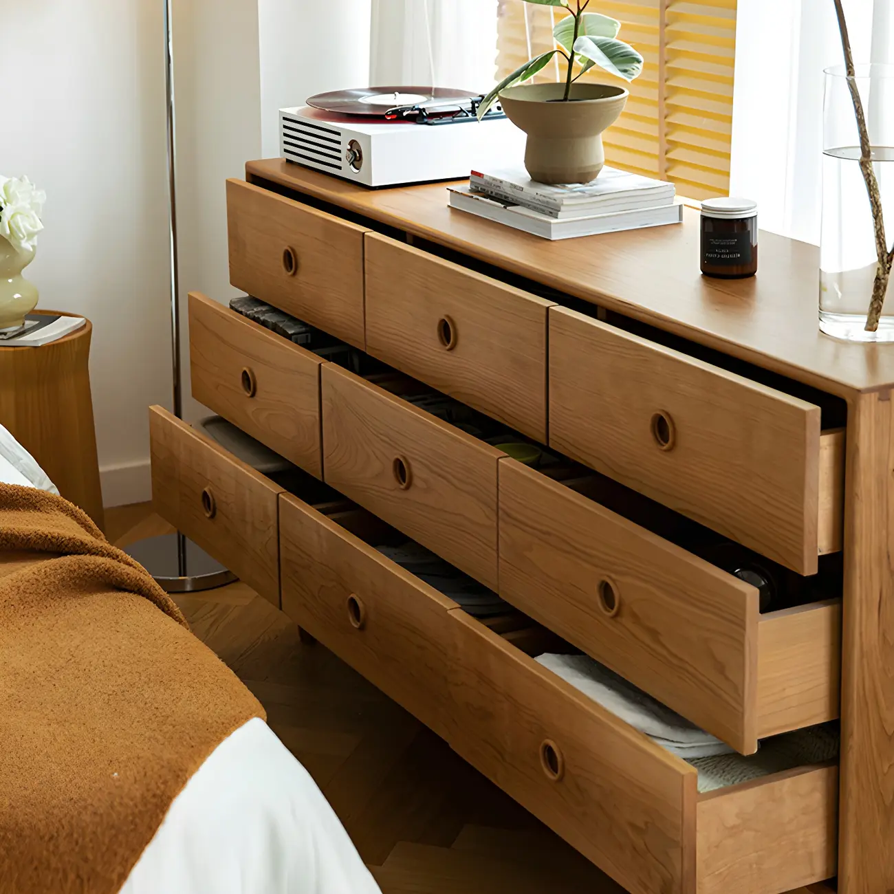Nordic Natural Cherry Wooden Double Dresser with Drawers Image - 10 | homeyfad