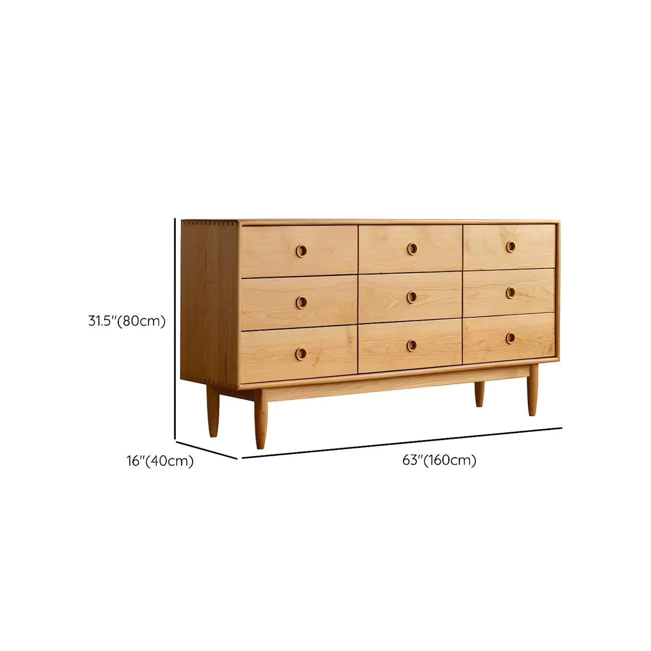 Nordic Natural Cherry Wooden Double Dresser with Drawers #size