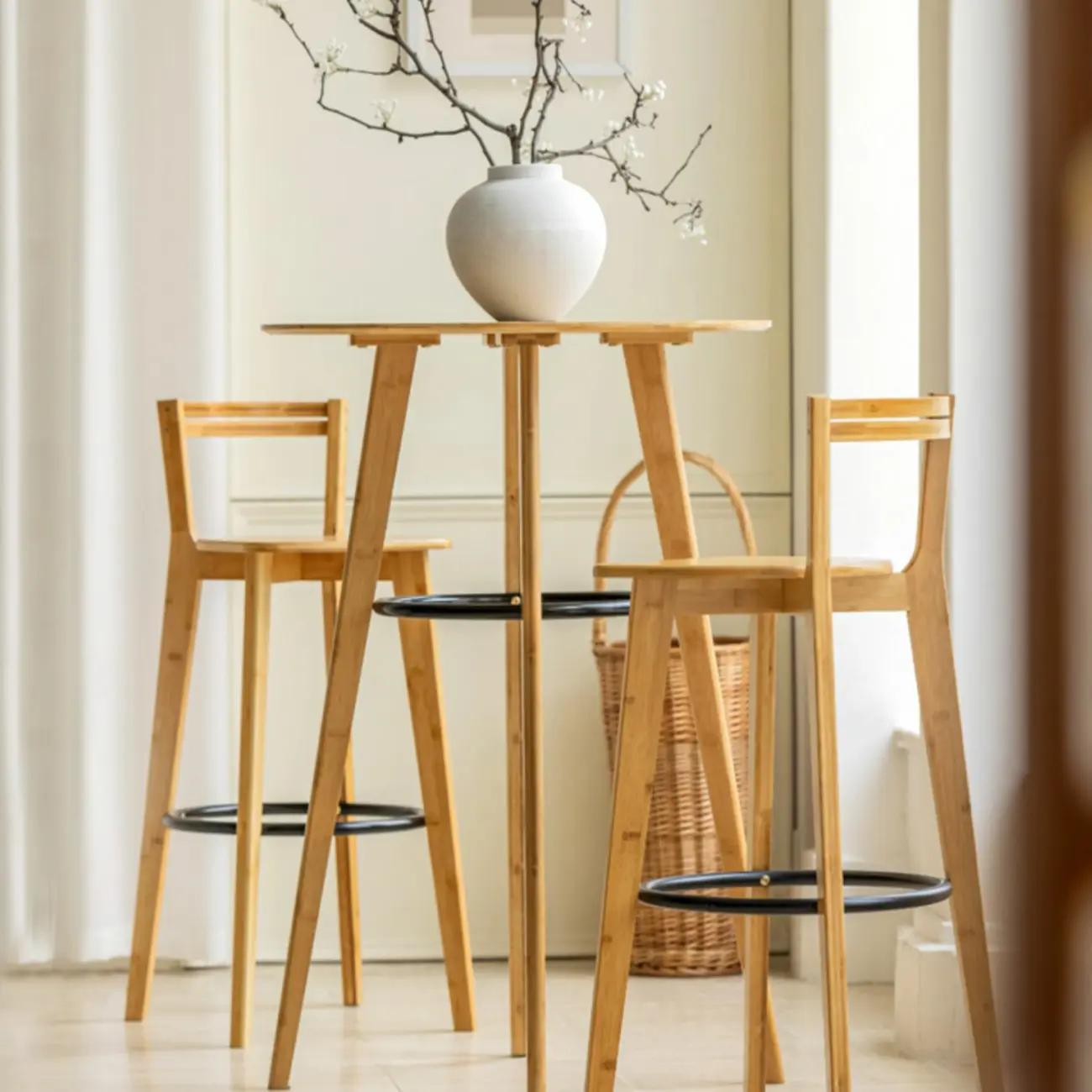 Counter Height Modern Bamboo Wood Round Bar Table Image - 6 | homeyfad