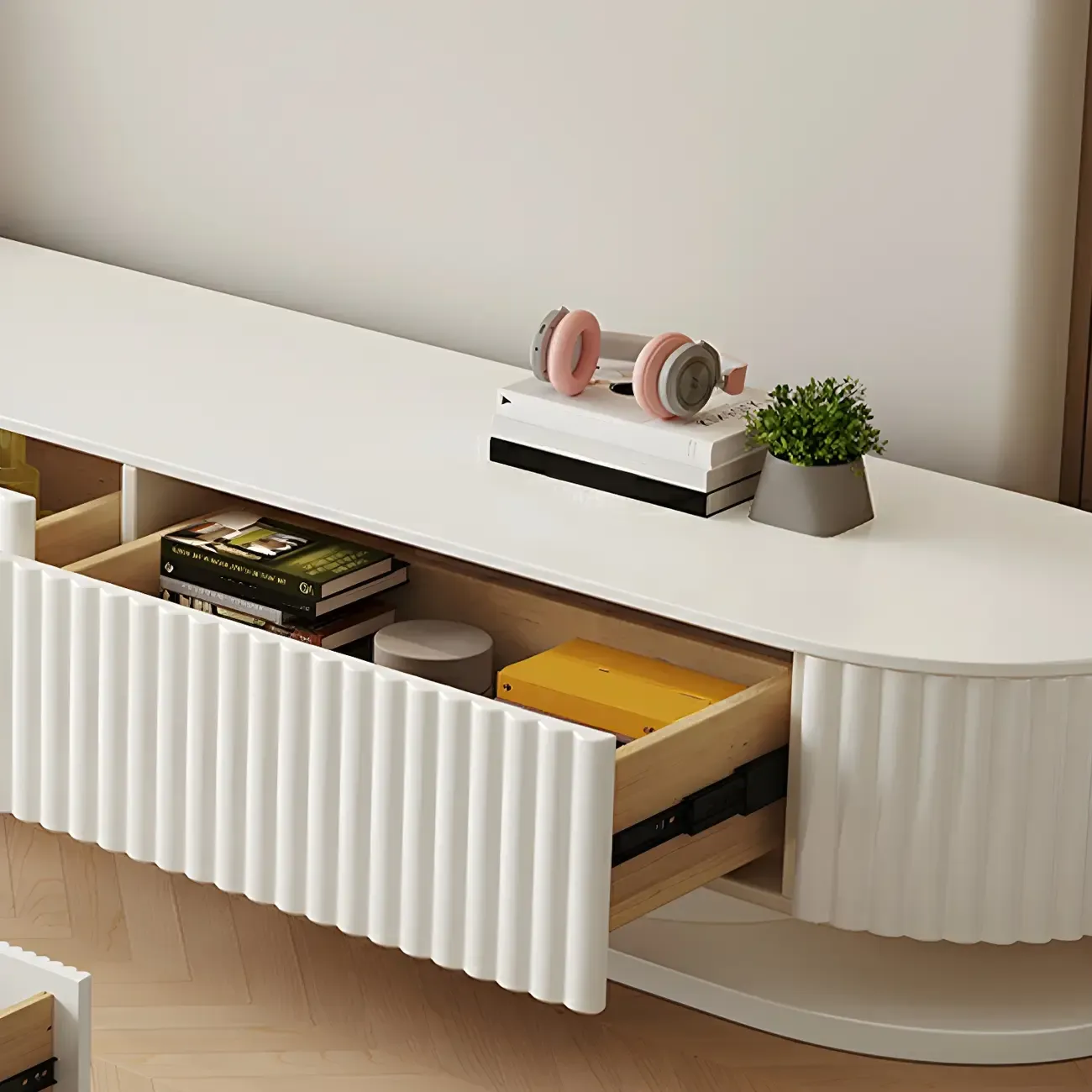 Modern White Wooden TV Stand with Curved Design Image - 4
