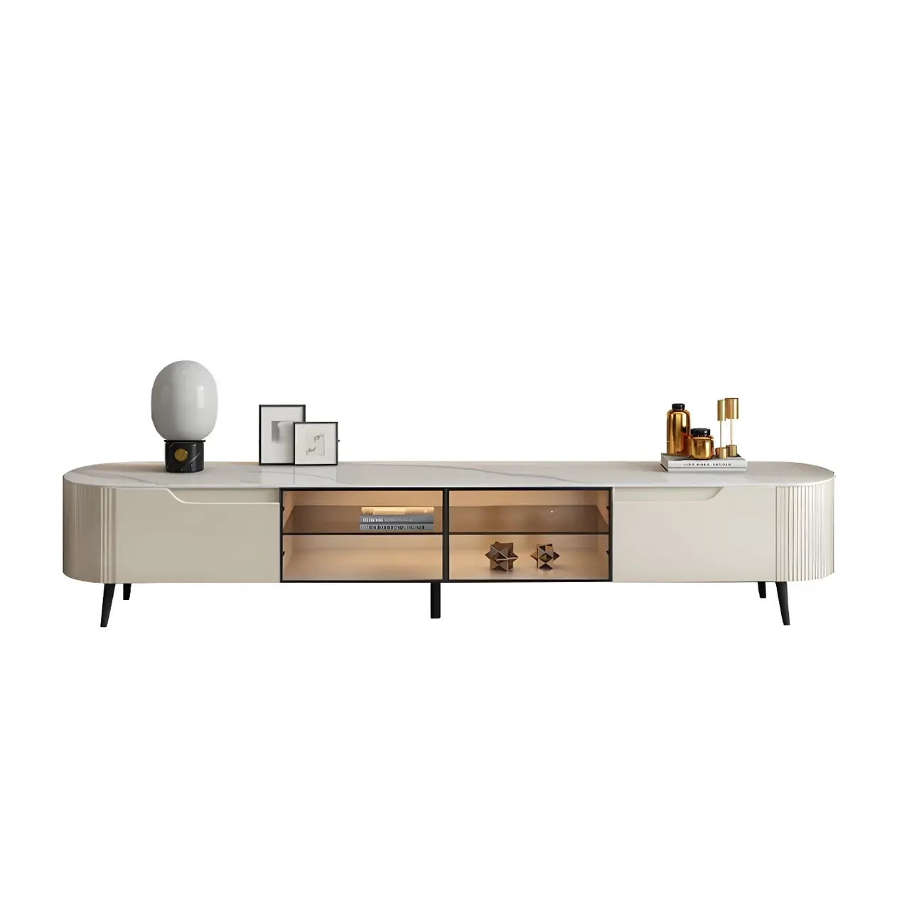 Durable Beige Wooden TV Stand with Open Storage & Drawers Image - 4