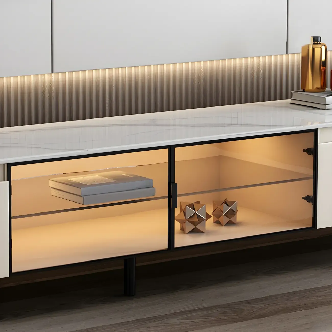 Durable Beige Wooden TV Stand with Open Storage & Drawers Image - 5