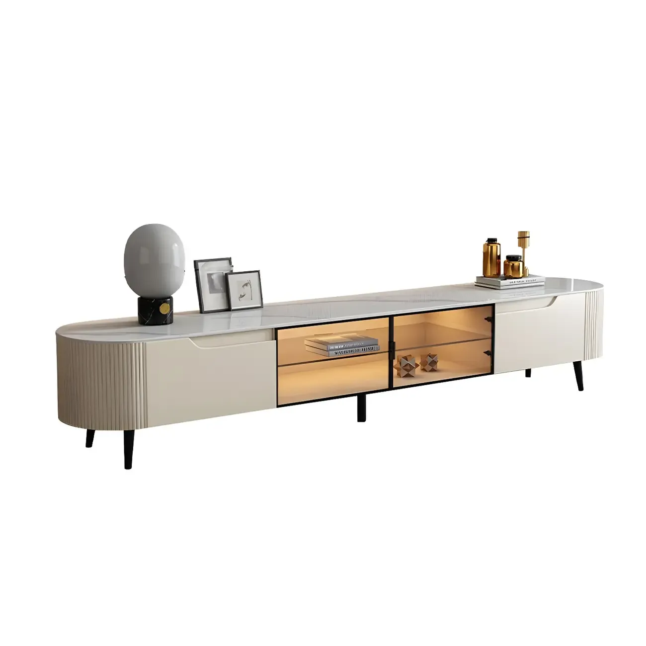 Durable Beige Wooden TV Stand with Open Storage & Drawers Image - 6