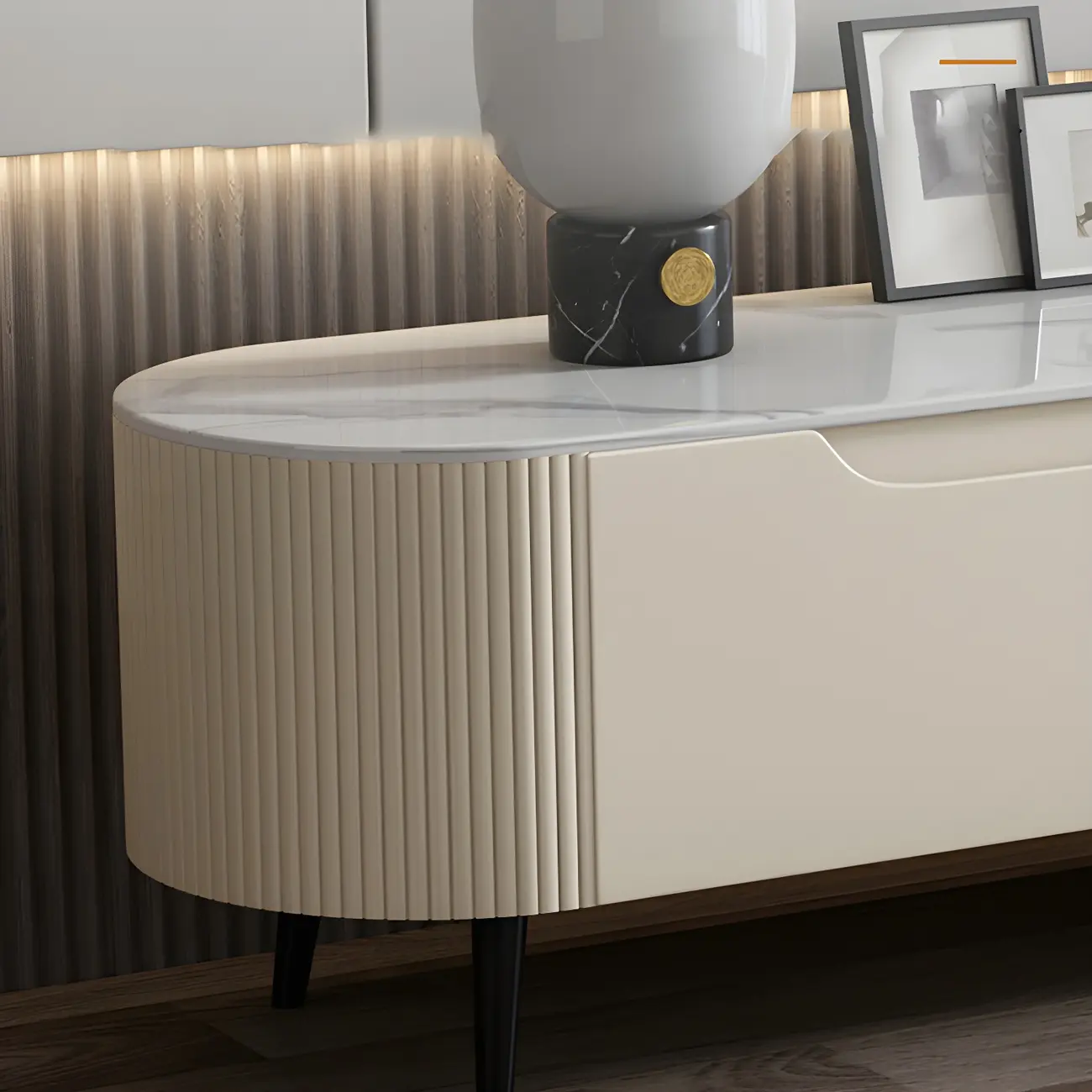 Durable Beige Wooden TV Stand with Open Storage & Drawers Image - 7 | homeyfad