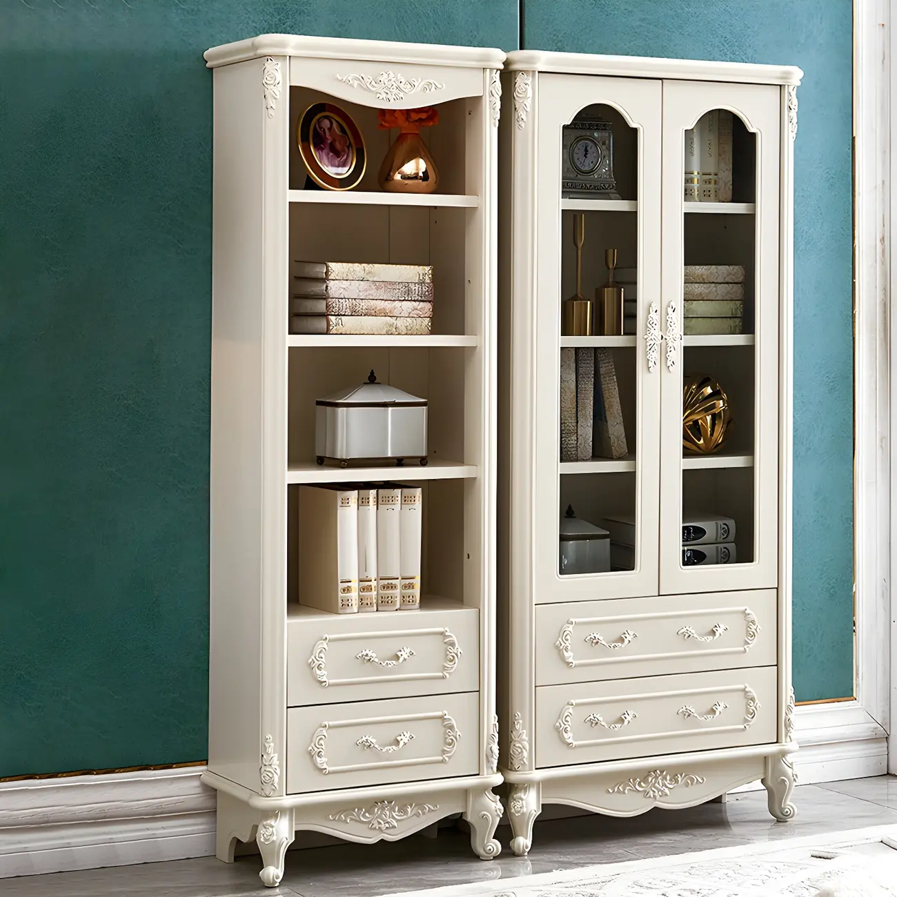 French Country White Wood 2-Drawer Bookcase with Doors Image - 1 | homeyfad