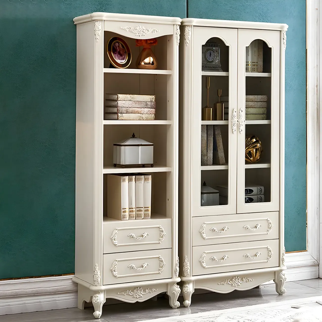 French Country White Wood 2-Drawer Bookcase with Doors Image - 1