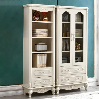 French Country White Wood 2-Drawer Bookcase with Doors Image - 1