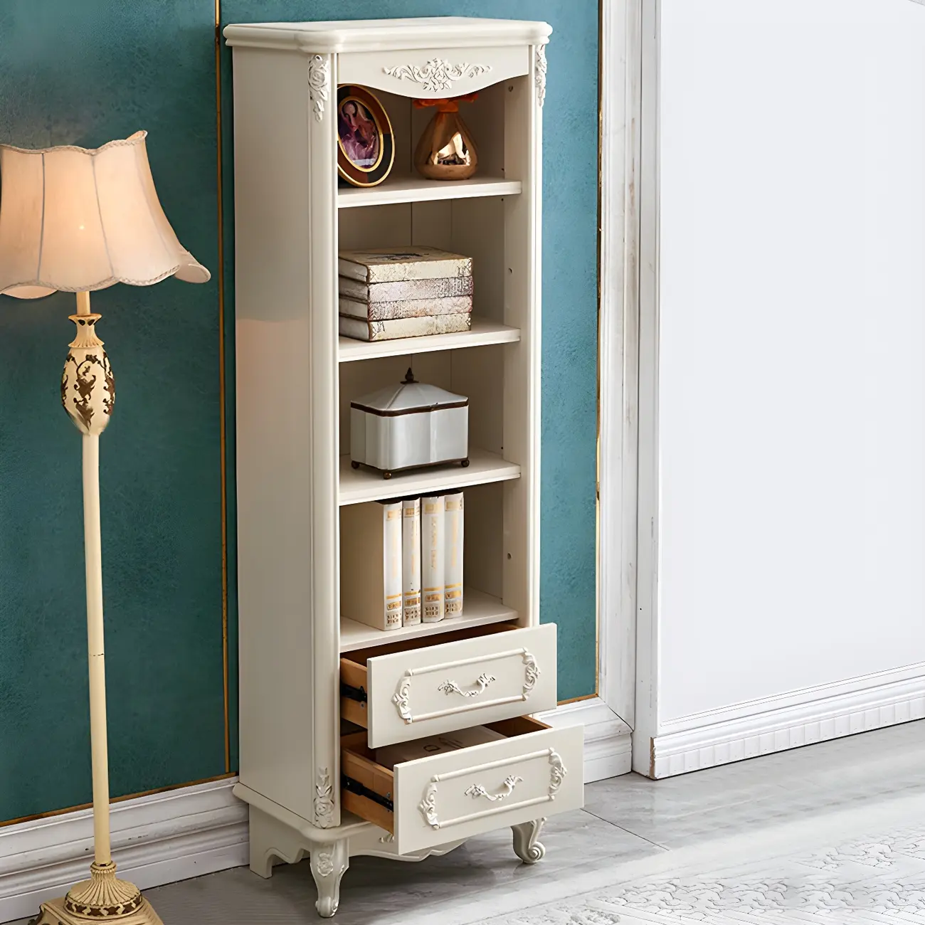 French Country White Wood 2-Drawer Bookcase with Doors Image - 2 | homeyfad